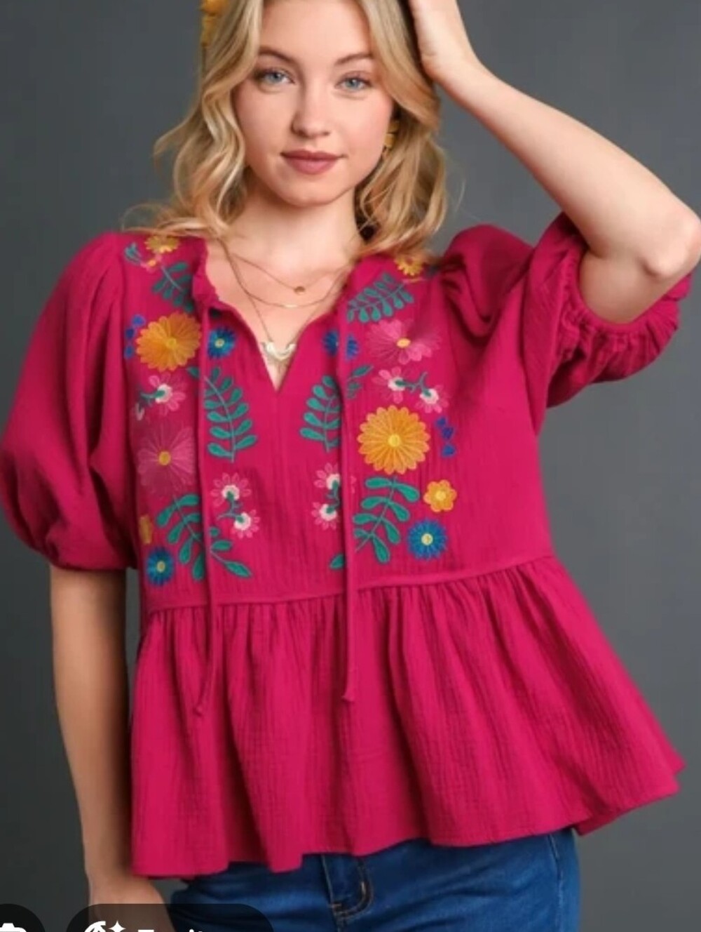 Umgee Cotton Gauze Floral Embroidery BabyDoll Top L - Picture 1 of 8